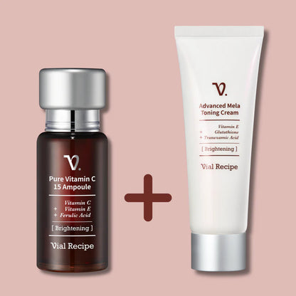 Kombinimi ideal per rezultate maksimale: VIAL RECIPE PURE VITAMIN C 15 AMPOULE 17G+VIAL RECIPE ADVANCED MELA TONING CREAM 70ML